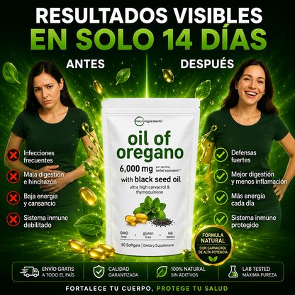 OregaShield™️ – Cápsulas de Aceite de Orégano, Apoya el Sistema Inmunológico, la Salud Digestiva y las Defensas Naturales